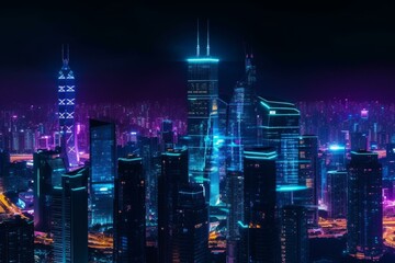 Night metropolis with neon lights and visionary skyscrapers. Generative AI
