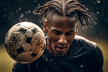 Young soccer player trains with tenacity and dedication in the rain - ai generative - obrazy, fototapety, plakaty