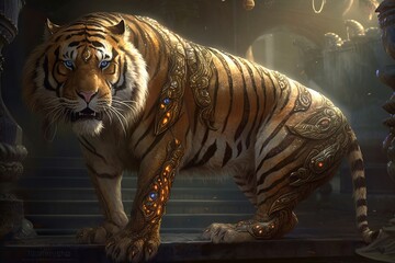 Fototapeta na wymiar Golden tiger, very round body, very long, full body photo, beautiful from generative ai
