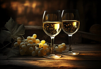 Two glasses with white wine and a bunch of grapes. AI Generated