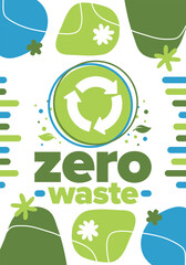 Zero Waste. Ecology poster. Refuse and Reduce. To Reuse and Recycle. Green January for environment. Eco friendly lifestyle. Save the planet. No plastic, only eco bag. Vector illustration