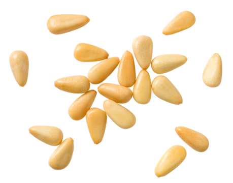 Roasted pine nuts isolated on the white background, top view.