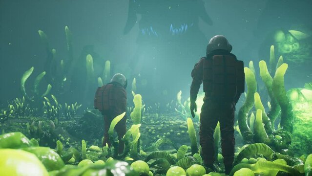 Two astronauts, while exploring an alien planet, came face to face with a terrifying extraterrestrial creature, leaving them shocked and afraid. This animated scene is perfect for sci-fi Generative AI