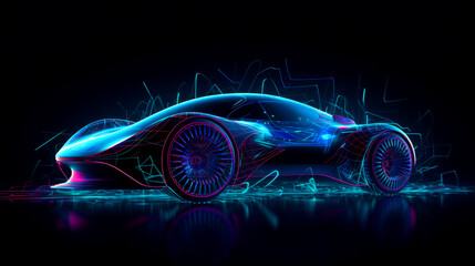 Futuristic sport car concept in neon colors. Future transportation. Driverless autonomous vehicle. Self driving car technology. Generative AI.