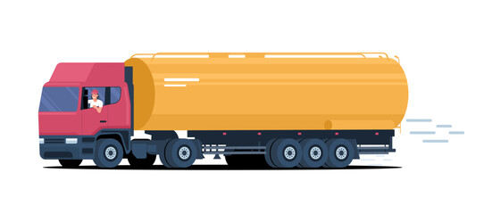 Cistern carrier truck with a driver isolated. Vector illustration.