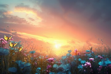 spring meadow with sun from generative ai