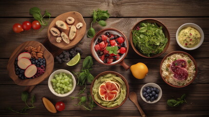 Fototapeta na wymiar healthy food dishes, on wood background