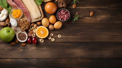  top view, Healthy food and balanced diet, on wood background