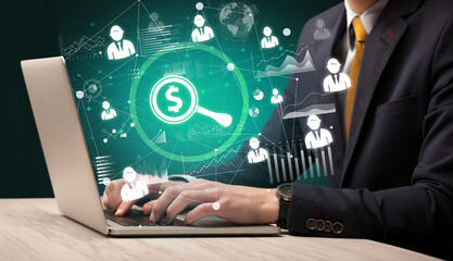 Business hand working on laptop, successful business concept