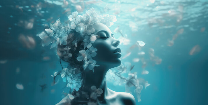  Floral Symphony. Discover the harmonious convergence of nature and visual artistry, as a woman becomes one with the flowing cyan waves, adorned with delicate flowers. Sensory concept AI Generative