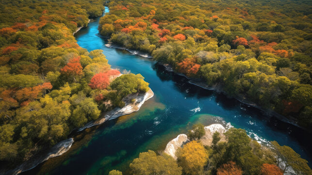 Aerial view of Rio Churun River flowing amidst Amazon rainforest. Venezuela. Generative AI