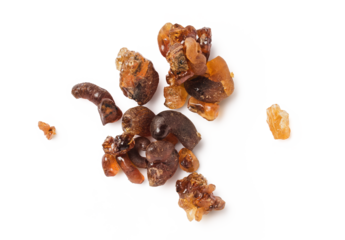 closeup on pieces of almond tree resin or frankincense for cleansing rituals or aromatherapy isolated over a transparent background, traditional smudging holistic design element, top view / flat lay