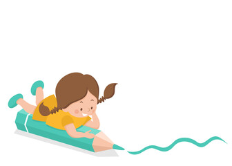 Cute school or kindergarten girl with a large pencil. Back to school. Mock up with copy space. Colourful Vector illustration in cartoon flat design.