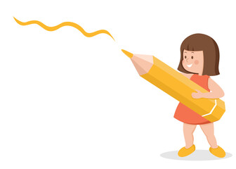 Cute school or kindergarten girl with a large pencil. Back to school. Mock up with copy space. Colourful Vector illustration in cartoon flat design.