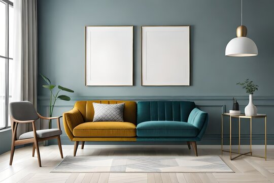 Two blank picture frame mockup in home interior design. Living room, commode with lamp and vases. View of modern scandinavian style interior with artwork template on a white wall.