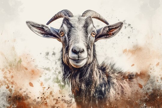 A lovely watercolor image depicting a charming farm goat. Generative AI