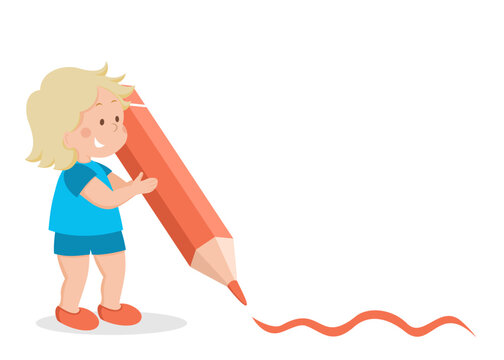 Cute school or kindergarten boy with a large pencil. Back to school. Mock up with copy space. Colourful Vector illustration in cartoon flat design.