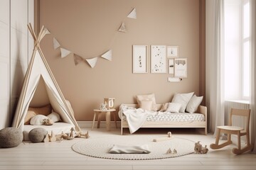 Fototapeta na wymiar Scandi-style child room with blank cream wall. Free space for your design. Generative AI