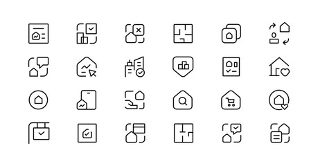 Real Estate minimal thin line web icon set. Included the icons as realty, property, mortgage, home loan and more. Outline icons collection
