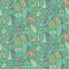 Fototapeta na wymiar Seamless floral pattern on a green background, with pink yellow, and off-white hand-drawn wildflowers, scattered across. Great for fashion, textiles, home decor, stationeries and more.