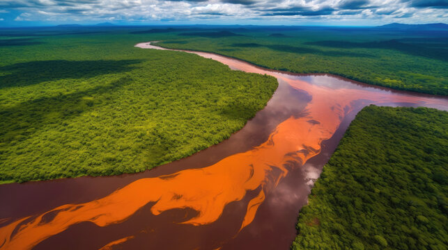 Aerial view of Rio Churun River flowing amidst Amazon rainforest. Venezuela. Generative AI