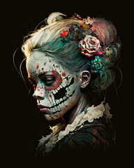 A girl with a skull pattern on her face and flowers. The day of the Dead. Digital art. Generative AI.