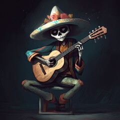 The day of the Dead. Male character in a skeleton costume with a musical instrument in a sombrero hat and make-up. Digital art. Generative AI.