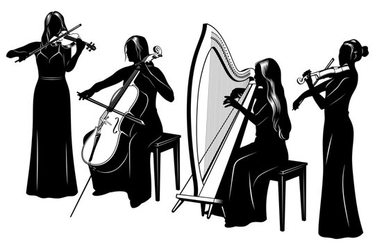 String Quartet Silhouettes Set. Women orchestra playing on violins, cello and celtic harp symphonic music. Vector cliparts isolated on white.