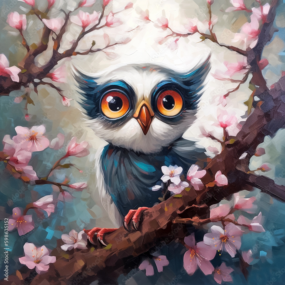 Wall mural funny cartoon owl with big eyes on the branch of a blossoming cherry tree. oil painting style. gener