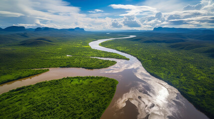 Aerial view of Rio Churun River flowing amidst Amazon rainforest. Venezuela. Generative AI