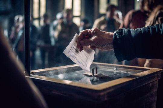 A hand holding a marked ballot, about to place it in a ballot box during a presidential election - ai generative