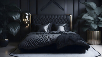 A Stunning Image of a Luxurious Bedroom with Bold Black Pillows AI