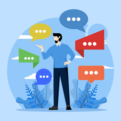message or speech delivery concept, Verbal or spoken communication skills, storytelling or explanation, public speaking, speaking or discussing, businessman speaking with lots of speech bubbles.