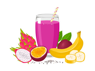 Tropical smoothie with banana, passion fruit, pitaya and Chia seeds. Vector cartoon illustration of superfood.