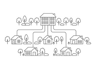 Neighborhood house, line art. Street building, real estate architecture, apartment. Exterior home in country city landscape. Vector