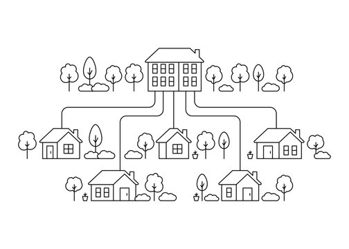 Neighborhood house, line art. Street building, real estate architecture, apartment. Exterior home in country city landscape. Vector