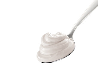 Yogurt on spoon, isolated on white background