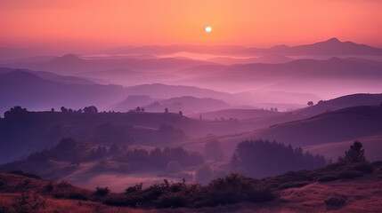 sunrise in the mountains with fog. calm mood. Generative AI