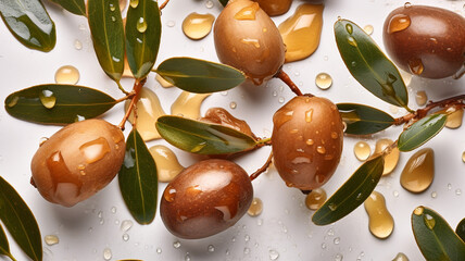 Argan seeds and oil background. Argana nuts and branches created with generative ai tools Generative AI