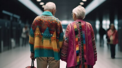 rear view of an elderly gray-haired couple, a man and a woman, walking at the train station or airport. family travel concept. day of parents, grandparents. Generative AI Generative AI