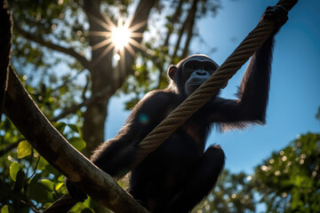 Playful Bonobo in the Canopy. Enchanting image of a bonobo swinging through a sun-kissed canopy against a backdrop of a blue sky. Wildlife concept AI Generative - obrazy, fototapety, plakaty