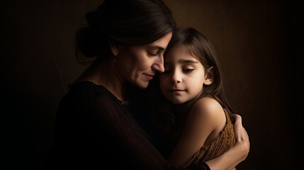 loving young adult female and a child sharing a heartfelt embrace, their arms wrapped around each other in a tight hug, their faces pressed against one another, mother's day, Generative AI