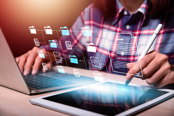 woman hand do Document Management System (DMS), online documentation database and process automation to efficiently manage files, knowledge and documentation in enterprise with ERP