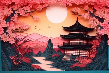 Paper cut 3d illustration of Japan, Chinese nature and culture, with mountain and dark sunset, generative ai