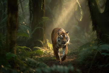 Majestic Tiger in Motion. Breathtaking scene of a Bengal Tiger running through a sun-kissed jungle with a lush green forest in the background. Wildlife concept AI Generative