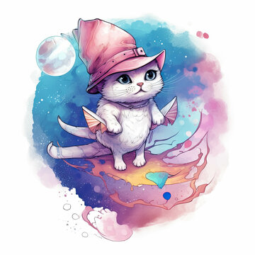 Cute cat in a hat adorable kids cartoon