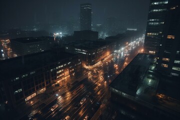 Fototapeta na wymiar A night cityscape with tall buildings, rain, cars, and street lights. Generative AI