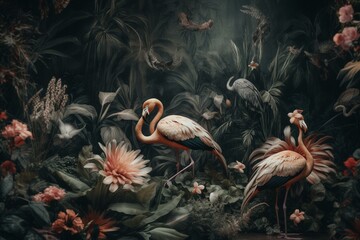 Vintage grey wallpaper with tropical jungle pattern featuring flamingos and birds. Generative AI