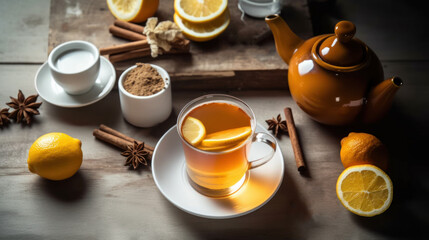 Obraz na płótnie Canvas thé citron cannelle dans une tasse sur une table en bois, bâton de cannelle, anis étoilé, badiane