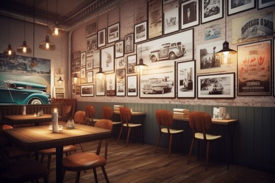 Retro hipster cafe posters on 3D render interior background. Generative AI